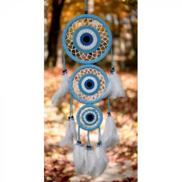 Dodes Nazar Motifli Üç Çemberli Turkuaz Duvar Dekoru