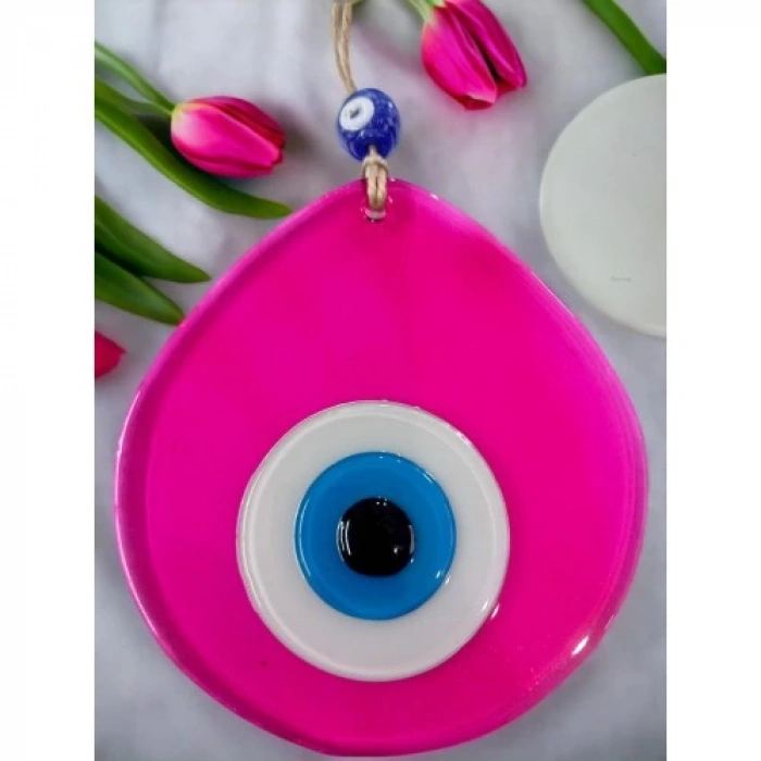 Dodes Orta Boy Şeffaf Pembe Damla Desen Nazar Boncuklu Duvar Dekoru Cam Duvar Süsü