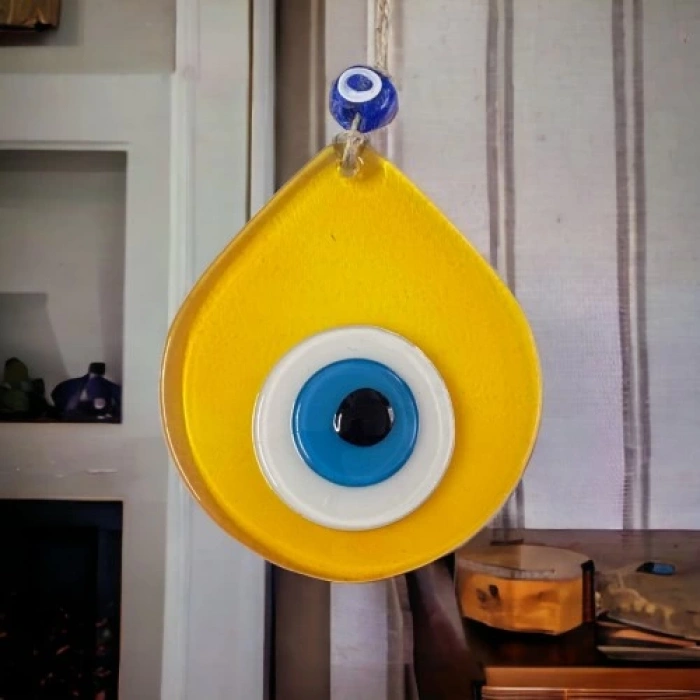 Dodes Orta Boy Şeffaf Sarı Damla Desen Nazar Boncuklu Duvar Dekoru Cam Duvar Süsü