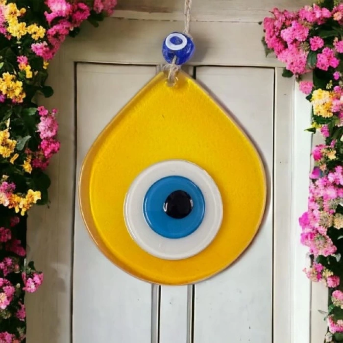 Dodes Orta Boy Şeffaf Sarı Damla Desen Nazar Boncuklu Duvar Dekoru Cam Duvar Süsü