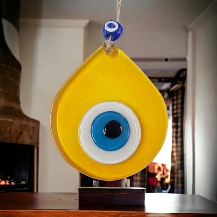 Dodes Orta Boy Şeffaf Sarı Damla Desen Nazar Boncuklu Duvar Dekoru Cam Duvar Süsü