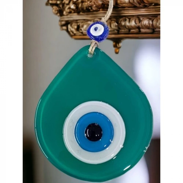 Dodes Orta Boy Yeşil Damla Desen Nazar Boncuklu Duvar Dekoru Cam Duvar Süsü