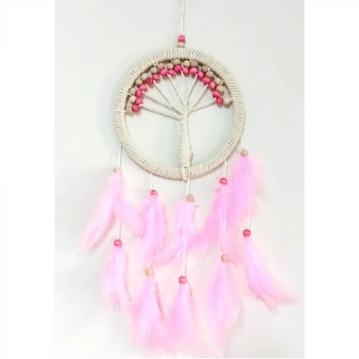 Dodes Pembe Kuş Tüylü Hayat Ağacı Düş Kapanı Dream Catcher Duvar Süsü