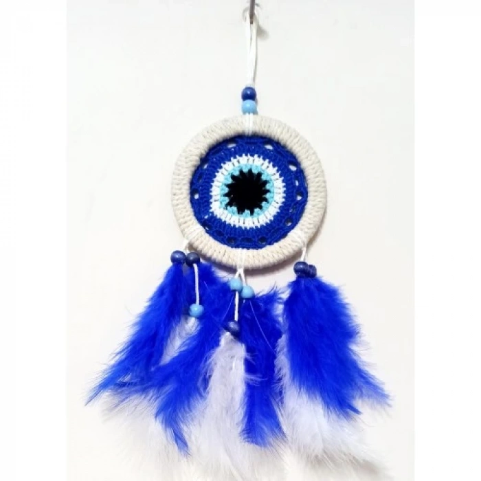 Dodes Saks Mavisi Kuş Tüylü Nazar Boncuğu Motifli El Yapımı Duvar Süsü