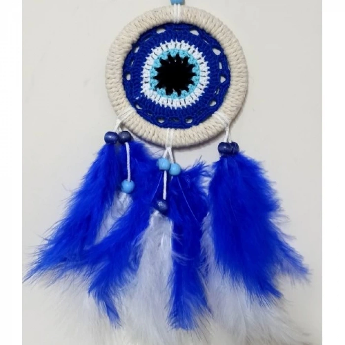 Dodes Saks Mavisi Kuş Tüylü Nazar Boncuğu Motifli El Yapımı Duvar Süsü