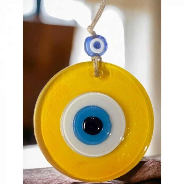 Dodes Şeffaf Sarı Nazar Boncuklu Duvar Süsü 10 Cm Cam Duvar Dekoru