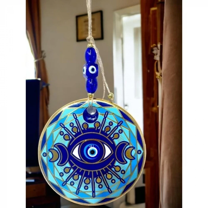 Dodes Tek Gözlü Piramit Desenli Nazar Boncuklu Duvar Süsü Cam Duvar Dekoru