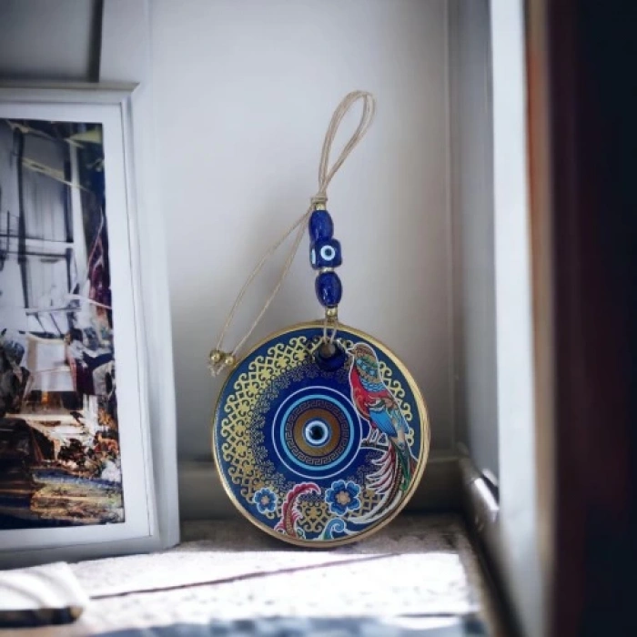 Dodes Yaldızlı Bülbül Kuşlu Çicekli Nazar Boncuklu Duvar Süsü Camlı Duvar Dekoru