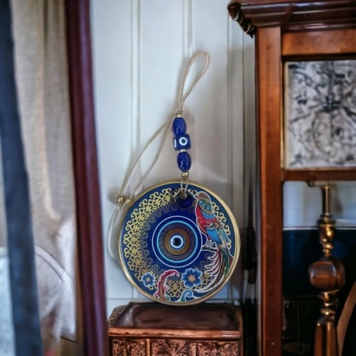 Dodes Yaldızlı Bülbül Kuşlu Çicekli Nazar Boncuklu Duvar Süsü Camlı Duvar Dekoru