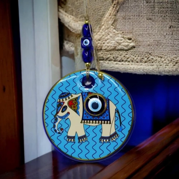 Dodes Yaldızlı Fil Modelli Nazar Boncuklu Duvar Süsü Mavi Camlı Duvar Dekoru