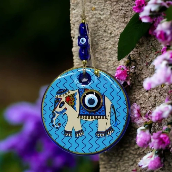 Dodes Yaldızlı Fil Modelli Nazar Boncuklu Duvar Süsü Mavi Camlı Duvar Dekoru