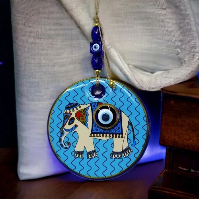 Dodes Yaldızlı Fil Modelli Nazar Boncuklu Duvar Süsü Mavi Camlı Duvar Dekoru