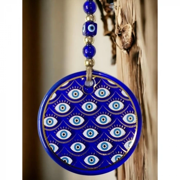 Dodes Yaldızlı Gözlerle Motiflendirilmiş Nazar Boncuklu Duvar Süsü Cam Duvar Dekoru