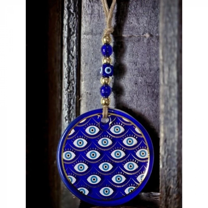 Dodes Yaldızlı Gözlerle Motiflendirilmiş Nazar Boncuklu Duvar Süsü Cam Duvar Dekoru