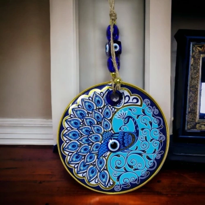 Dodes Yaldızlı Nazar Boncuklu Tavus Kuşu Duvar Süsü Cam Duvar Dekoru