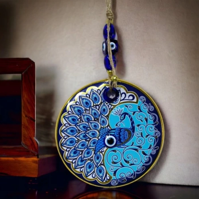 Dodes Yaldızlı Nazar Boncuklu Tavus Kuşu Duvar Süsü Cam Duvar Dekoru