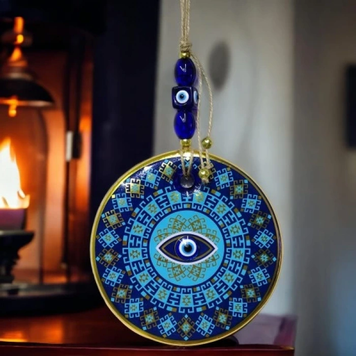 Dodes Yaldızlı Turkuaz Renkli Göz Modelli Nazar Boncuklu Duvar Süsü Cam Duvar Dekoru