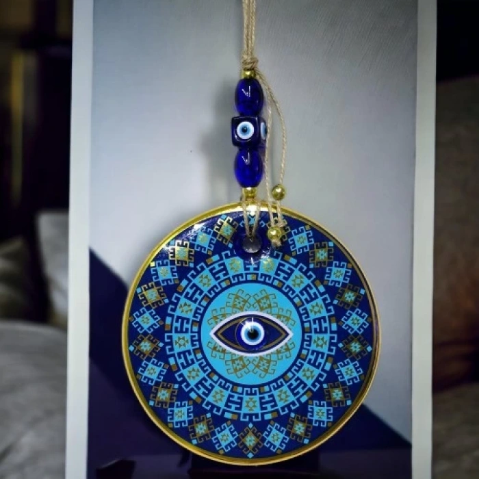 Dodes Yaldızlı Turkuaz Renkli Göz Modelli Nazar Boncuklu Duvar Süsü Cam Duvar Dekoru