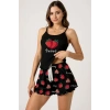 Çilek Baskılı Siyah Askılı Şortlu Pijama Takımı