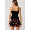 Çilek Baskılı Siyah Askılı Şortlu Pijama Takımı