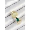 Dodes Dodes Yeşil Damla Zirkon Taşlı Kraliçe Taçlı Kedi Figürlü Gold Renk Kadın Broş TG27BR450
