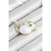 Dodes Dodes Zirkon Taşlı İnci Detaylı Beyaz 3D Kedi Figürlü Gold Renk Kadın Broş TG27BR440