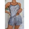 Love Baskılı Gri Saten Şortlu Gecelik Takım