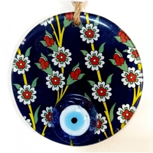 Dodes Çiçek Desenli Lacivert Nazar Boncuklu Füzyon Cam Duvar Süsü