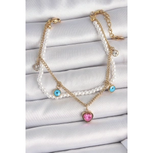 Dodes Dodes 316L Çelik Gold Renk 2Li İncili Zincir Sallantı Pembe Kalp Model Nazar Boncuk Detay Kadın Bileklik TG27BB6949