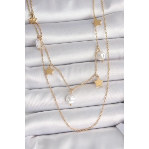 Dodes Dodes 316L Çelik Gold Renk 2Li Zincir Sallantı Yıldız İnci Model Kadın Kolye TG27BKO10110