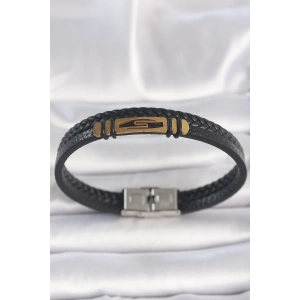 Dodes Dodes 316L Çelik Gold Renk Aksesuarlı Çift Sıra Siyah Burgu Desenli Deri Kordon Erkek Bileklik TG27EB3710
