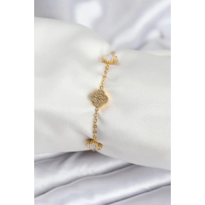 Dodes Dodes 316L Çelik Gold Renk Beyaz ve Zirkon Taşlı Baby Boy Yonca Kadın Bileklik TG27BB7955