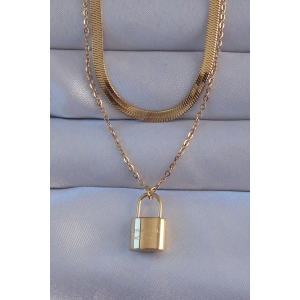 Dodes Dodes 316L Çelik Gold Renk Çift Zincir Kilit Model Kolye TG27BKO8941