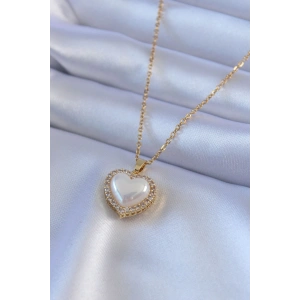 Dodes Dodes 316L Çelik Gold Renk İncili Kalp Model Zirkon Taşlı Kadın Kolye TG27BKO7566