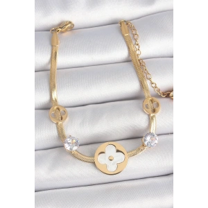 Dodes Dodes 316L Çelik Gold Renk İtalyan Zincir Beyaz Mineli Yonca Model Zirkon Taş Detaylı Kadın Bileklik TG27BB6954