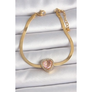 Dodes Dodes 316L Çelik Gold Renk İtalyan Zincir Pembe Zirkon Taşlı Kalp Model Kadın Bileklik TG27BB6952