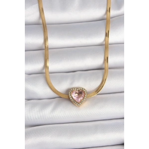 Dodes Dodes 316L Çelik Gold Renk İtalyan Zincir Pembe Zirkon Taşlı Kalp Model Kadın Kolye TG27BKO10120