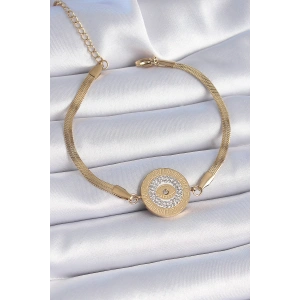 Dodes Dodes 316L Çelik Gold Renk İtalyan Zincir Zirkon Taşlı Göz İşlemeli Madalyon Model Kadın Bileklik TG27BB6445