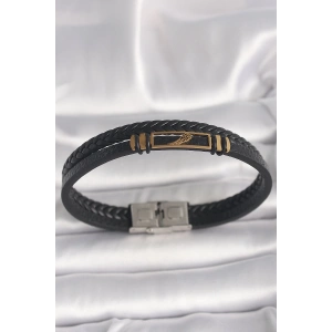 Dodes Dodes 316L Çelik Gold Renk Kanat Aksesuarlı Siyah Burgu Model Deri Kordon Erkek Bileklik TG27EB3703