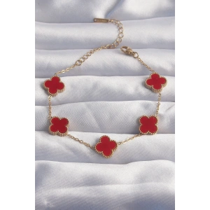 Dodes Dodes 316L Çelik Gold Renk Kırmızı Mineli Yonca Bileklik TG27BB6264