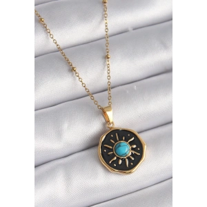 Dodes Dodes 316L Çelik Gold Renk Mavi Boncuk Güneş İşleme Madalyon Model Kadın Kolye TG27BKO9524