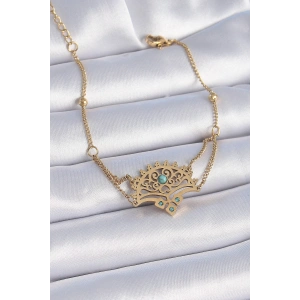 Dodes Dodes 316L Çelik Gold Renk Mavi Taşlı Etnik Desen Kadın Bileklik TG27BB6437