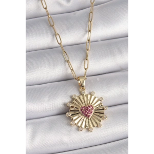 Dodes Dodes 316L Çelik Gold Renk Pembe Zirkon Taşlı Kalp İşleme Madalyon Model Kadın Kolye TG27BKO9534