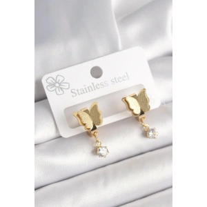 Dodes Dodes 316L Çelik Gold Renk Sallantı Zirkon Taş Detaylı Simli Kelebek Model Kadın Küpe TG27BKP10420