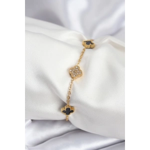 Dodes Dodes 316L Çelik Gold Renk Siyah ve Zirkon Taşlı Baby Boy Yonca Kadın Bileklik TG27BB7953