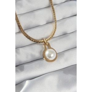 Dodes Dodes 316L Çelik Gold Renk Yassı Zincir İnci Taşlı Kolye TG27BKO8903