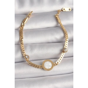 Dodes Dodes 316L Çelik Gold Renk Yassı Zincir Model Zirkon Taş Detaylı Beyaz Mineli Madalyon Model Kadın Bileklik TG27BB6732