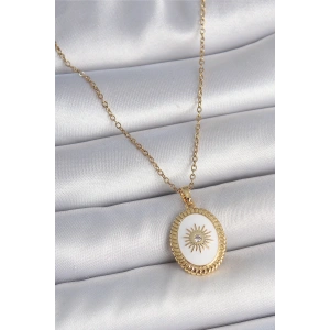 Dodes Dodes 316L Çelik Gold Renk Zincir Beyaz Mineli Güneş İşlemeli Zirkon Taş Detaylı Madalyon Model Kadın Kolye TG27BKO10055