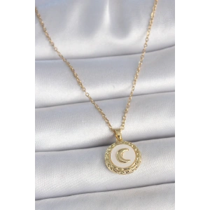 Dodes Dodes 316L Çelik Gold Renk Zincir Beyaz Mineli Hilal İşlemeli Madalyon Model Kadın Kolye TG27BKO10035