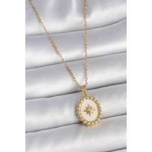 Dodes Dodes 316L Çelik Gold Renk Zincir Beyaz Mineli Kutup Yıldız İşlemeli Madalyon Model Kadın Kolye TG27BKO10063